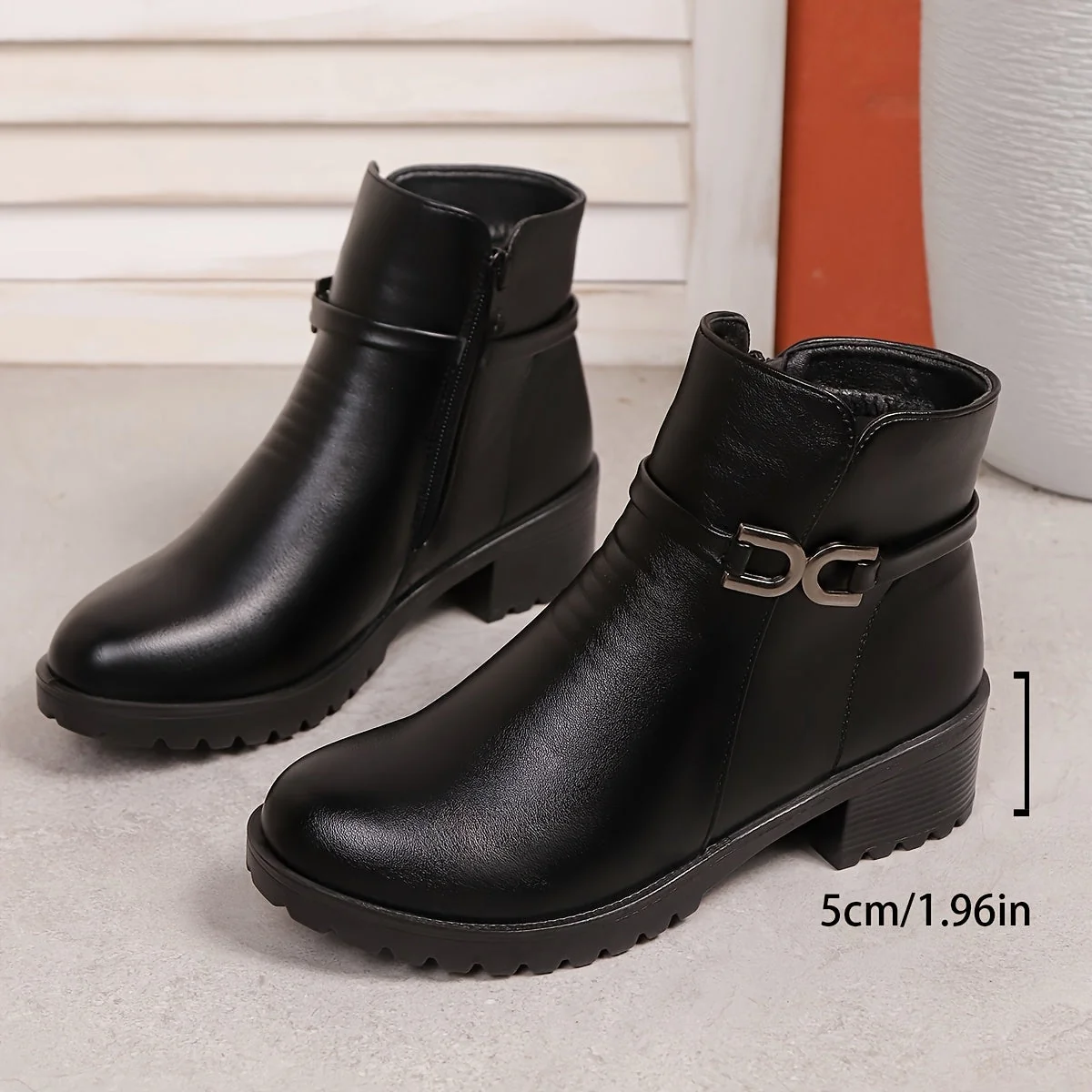 Bottines Femme à Boucle Métallique et Fermeture Éclair Latérale Semelle Crantée - Imagen 5