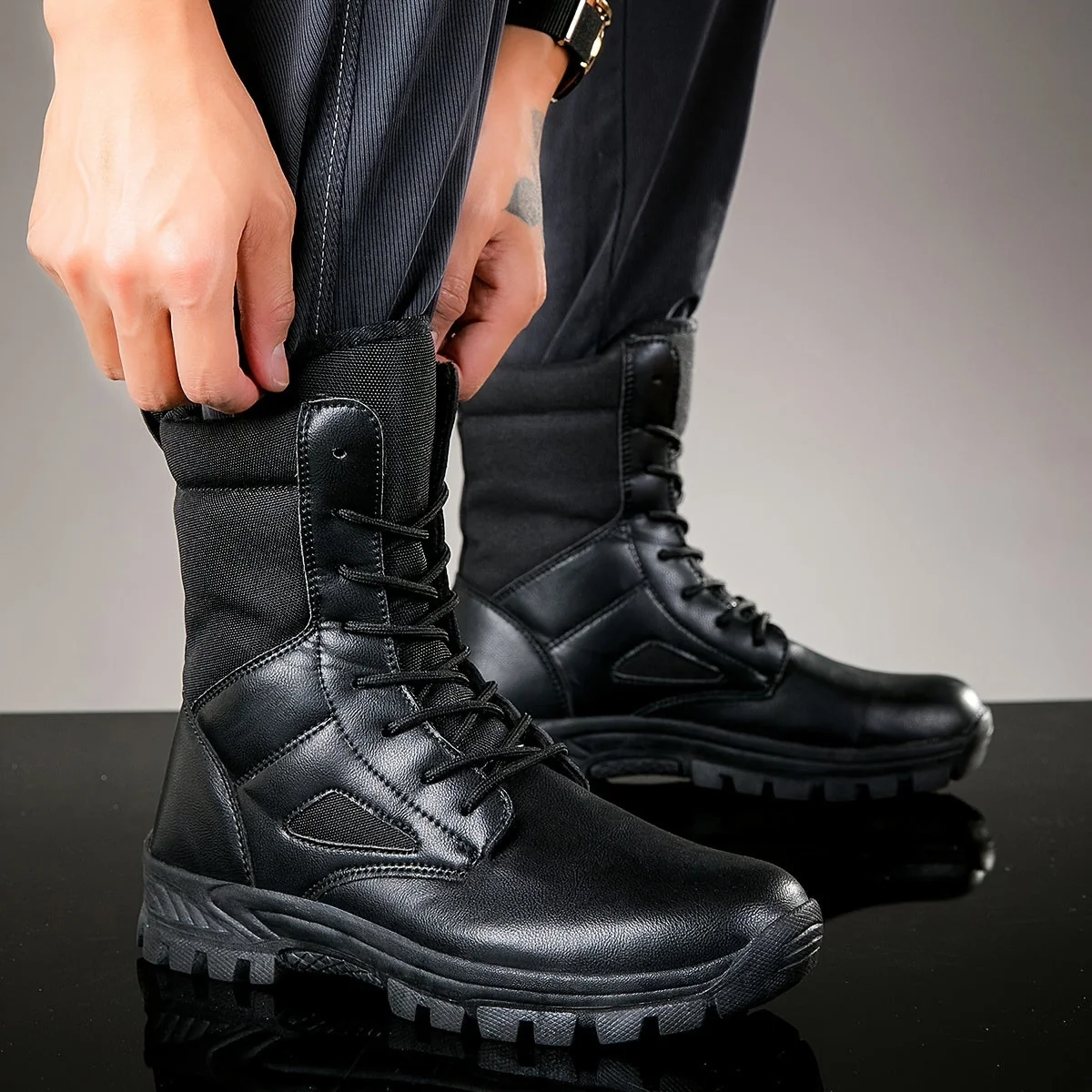 Bottes hautes tactiques à lacets pour homme, robustes et antidérapantes - Imagen 2