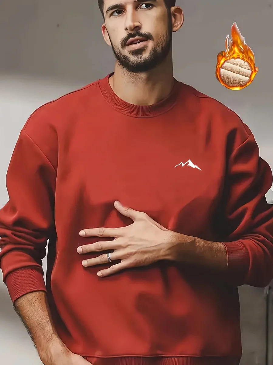 Sweat-shirt homme chaud col rond doublé molletonné avec motif montagne - Imagen 6