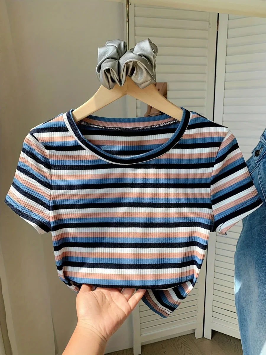 T-shirt rayé à manches courtes pour femme, style décontracté et tendance, parfait pour l'été - Imagen 6