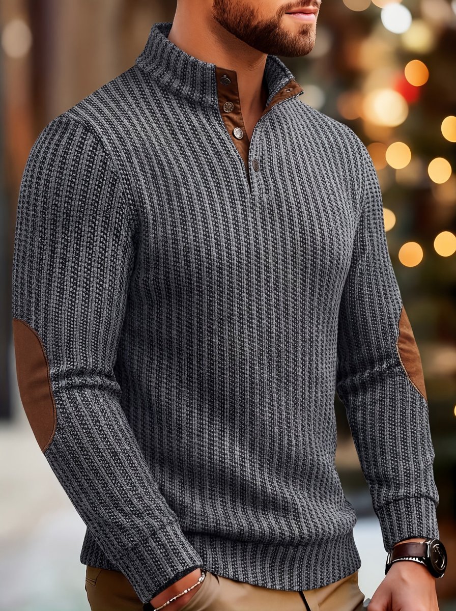 Pull homme à col montant boutonnable, motif tissé et empiècements aux coudes - Imagen 3