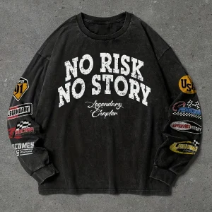 Sweat-shirt Homme ample noir délavé imprimé texte et écussons style racing