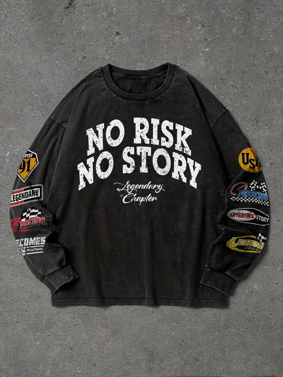 Sweat-shirt Homme ample noir délavé imprimé texte et écussons style racing - Imagen 2