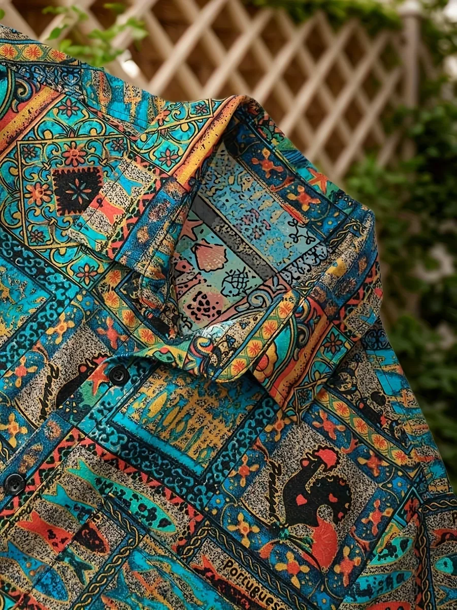 Chemise Resort Homme Motif Patchwork Style Vintage à Manches Courtes - Imagen 8