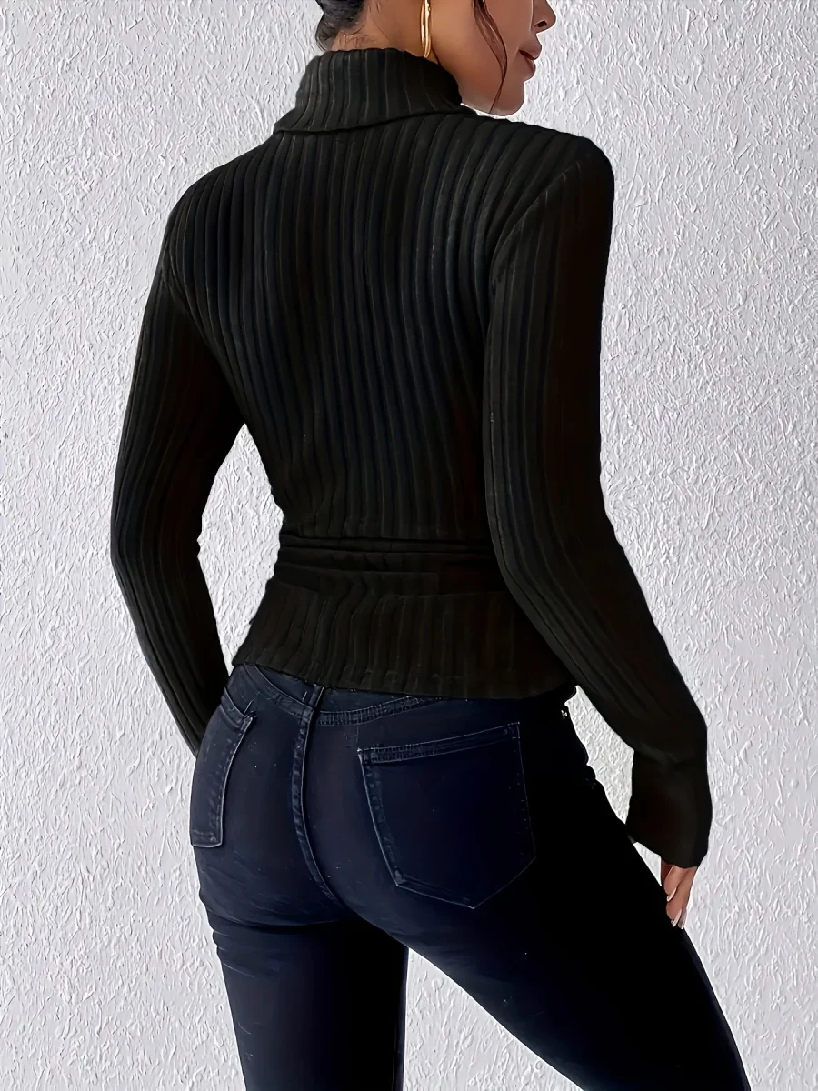 Haut côtelé à col montant pour femme, manches longues, ajusté, vert kaki, gris clair et beige - Imagen 6