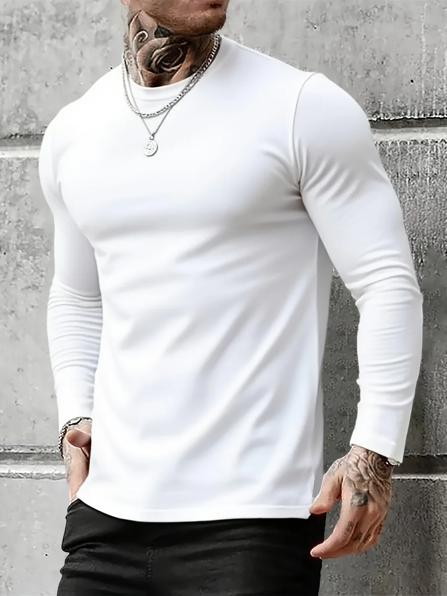 Lot de 3 T-shirts Homme Manches Longues Unis Cou Ras-du-cou Noir Gris Blanc - Imagen 8