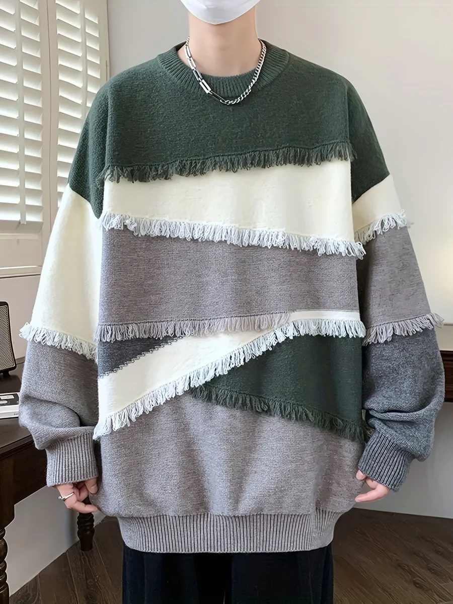 Pull Homme Col Rond Color Block à Franges Tricoté Décontracté - Imagen 7