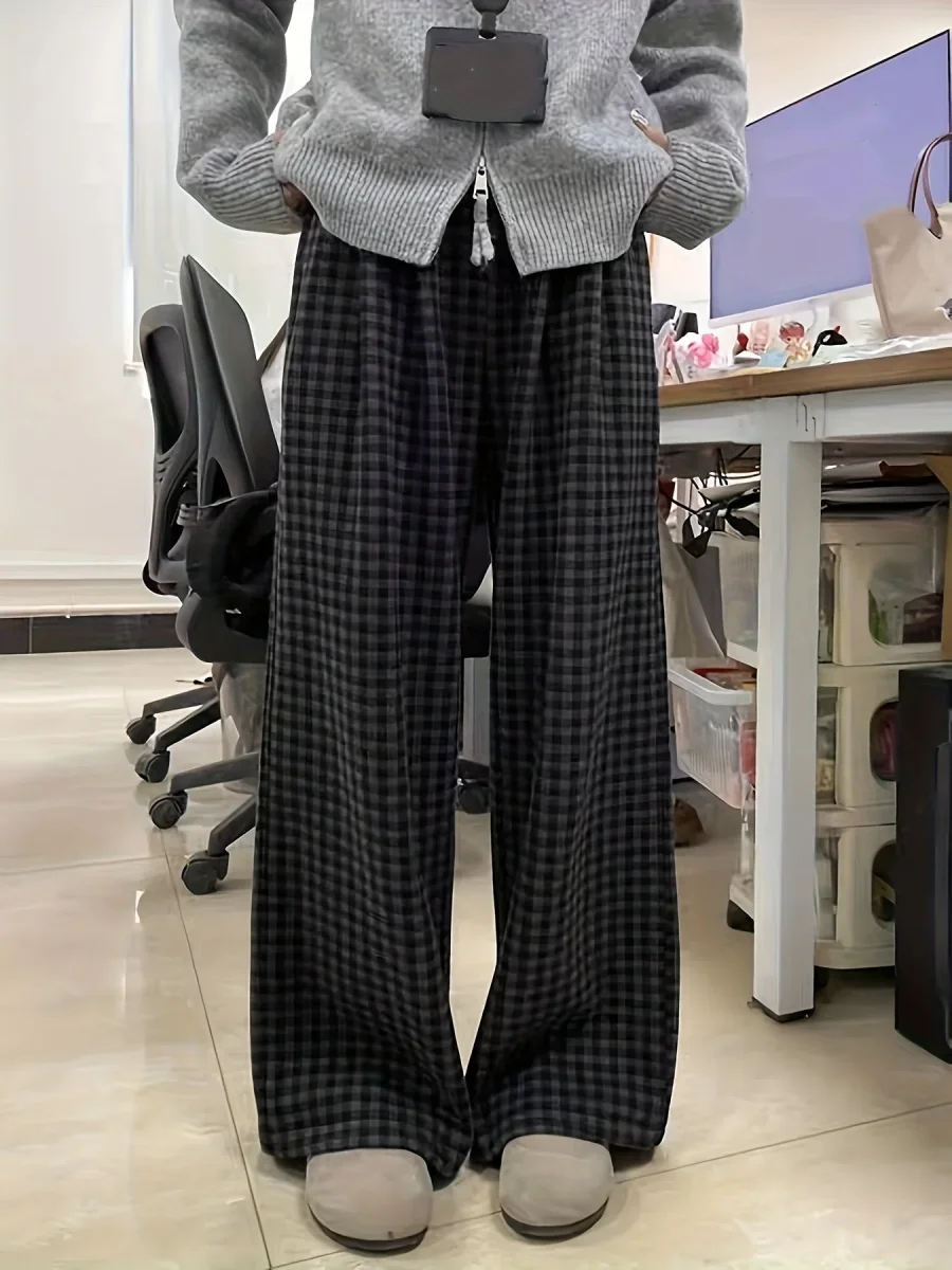 Pantalon large à carreaux Vichy noir et gris avec taille élastique et cordon - Imagen 4