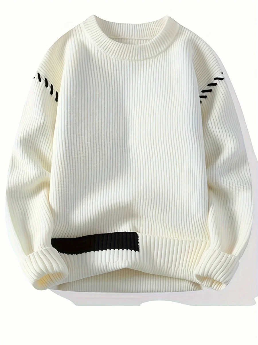 Pull col rond côtelé rouge avec détails contrastants - Imagen 5