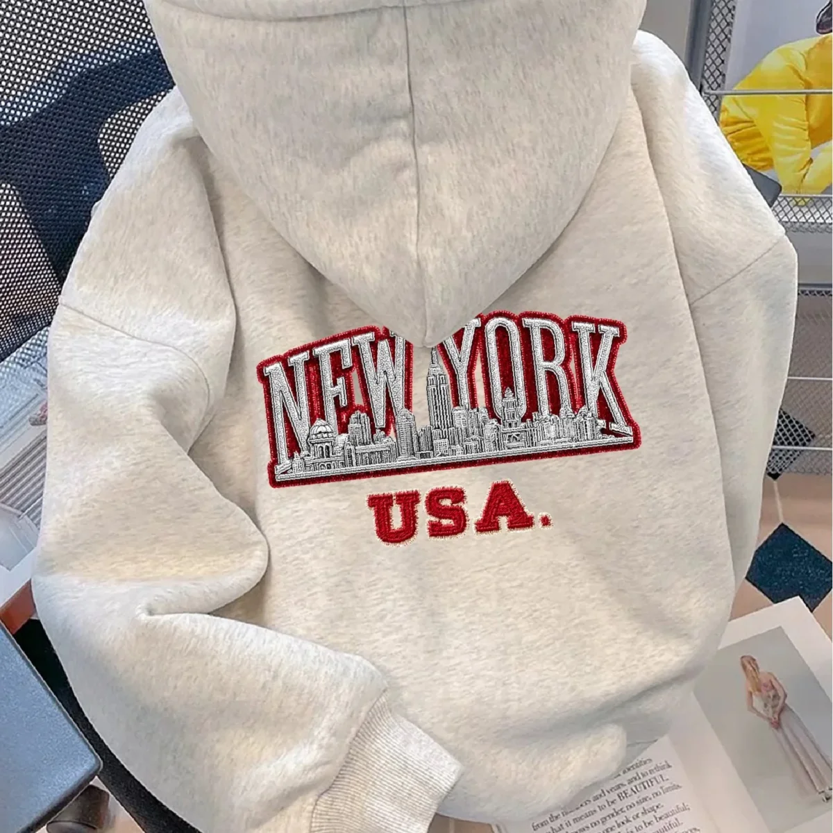 Sweat à Capuche Unisexe Gris Clair Imprimé New York USA - Imagen 7