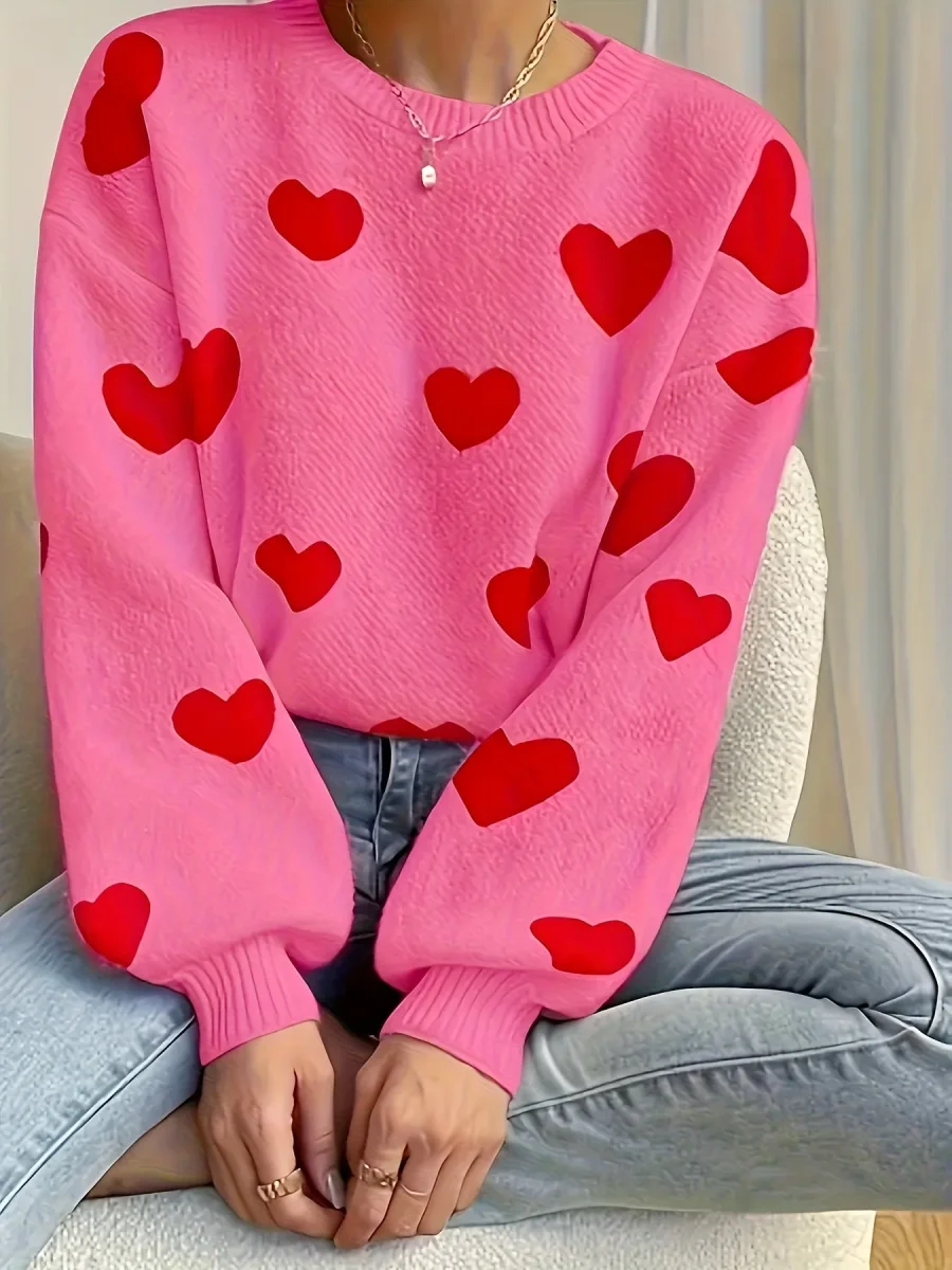 Pull col rond ample en maille blanc avec cœurs beiges - Imagen 6