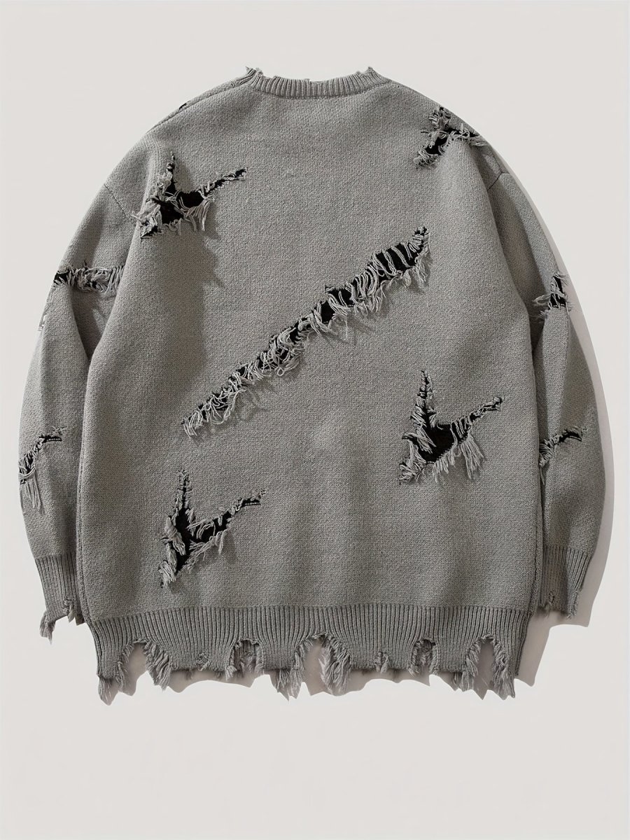 Pull homme décontracté beige à col rond avec motif visage coloré et détails déchirés - Imagen 8