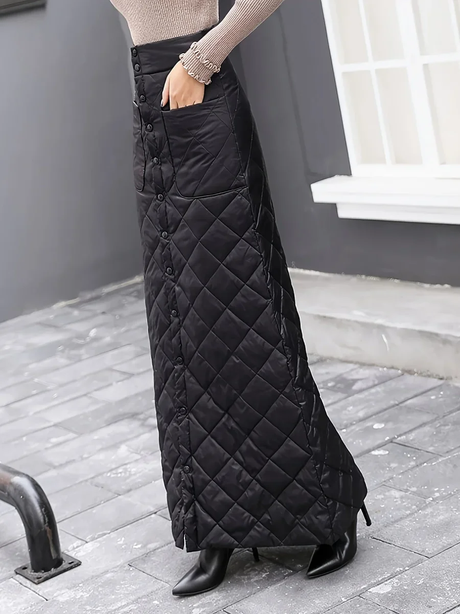 Jupe longue matelassée noire boutonnée taille haute pour femme - Imagen 6