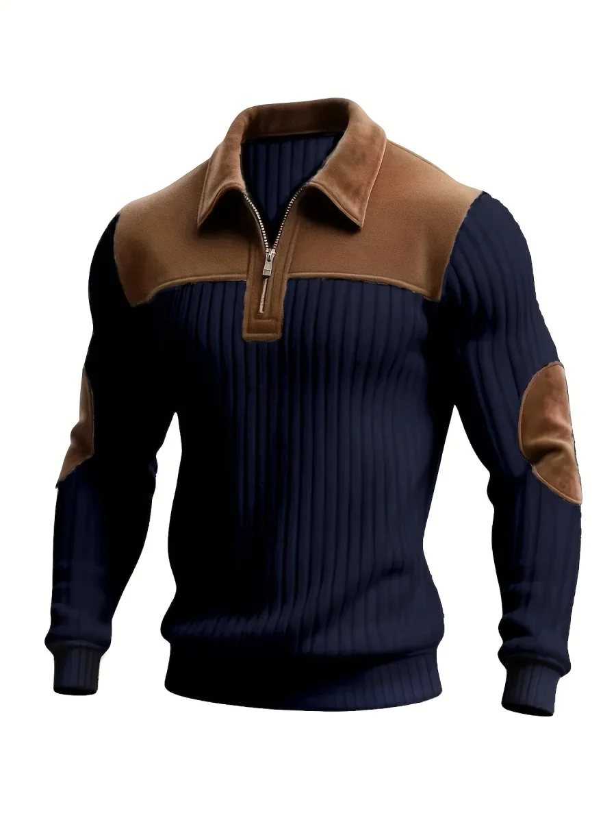 Pull homme côtelé col polo zippé empiècements contrastants coudes et épaules - Imagen 6