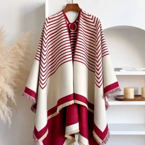 Women's Striped Fringe Trim Open Front Wrap Poncho Cape