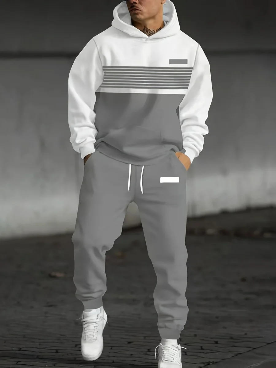 Ensemble Survêtement Homme Bicolore à Capuche et Bandes Horizontales Gris et Noir - Imagen 3