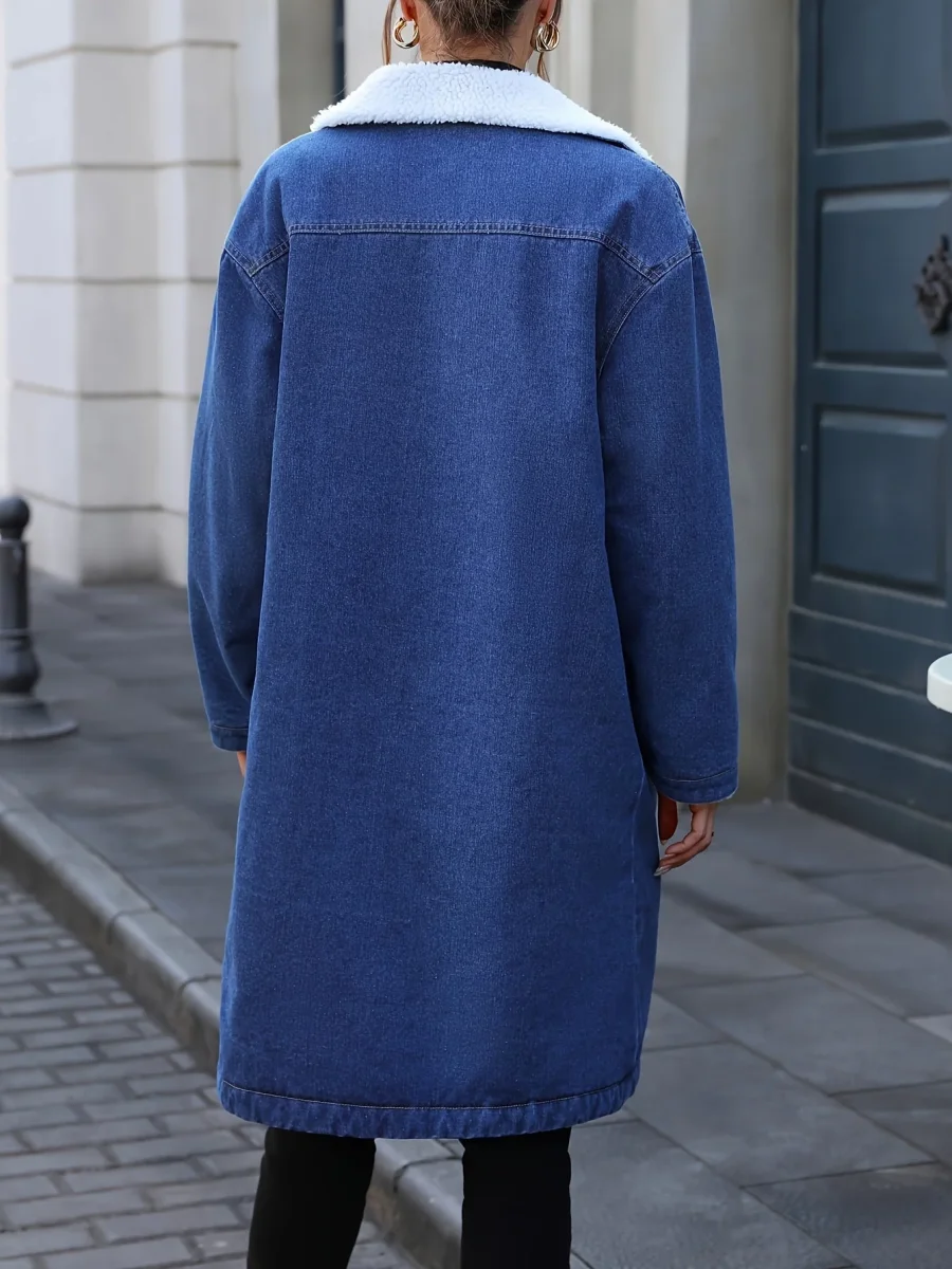 Manteau long en jean bleu délavé doublé doux pour femme - Imagen 6