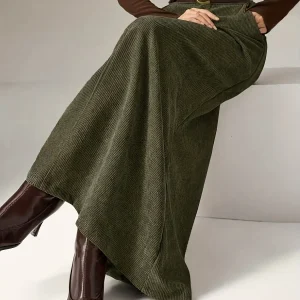 Jupe longue côtelée femme vert olive taille haute décontractée avec poches