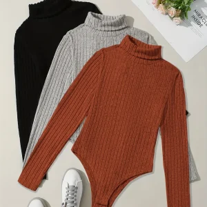 Body côtelé col roulé manches longues femme uni diverses couleurs