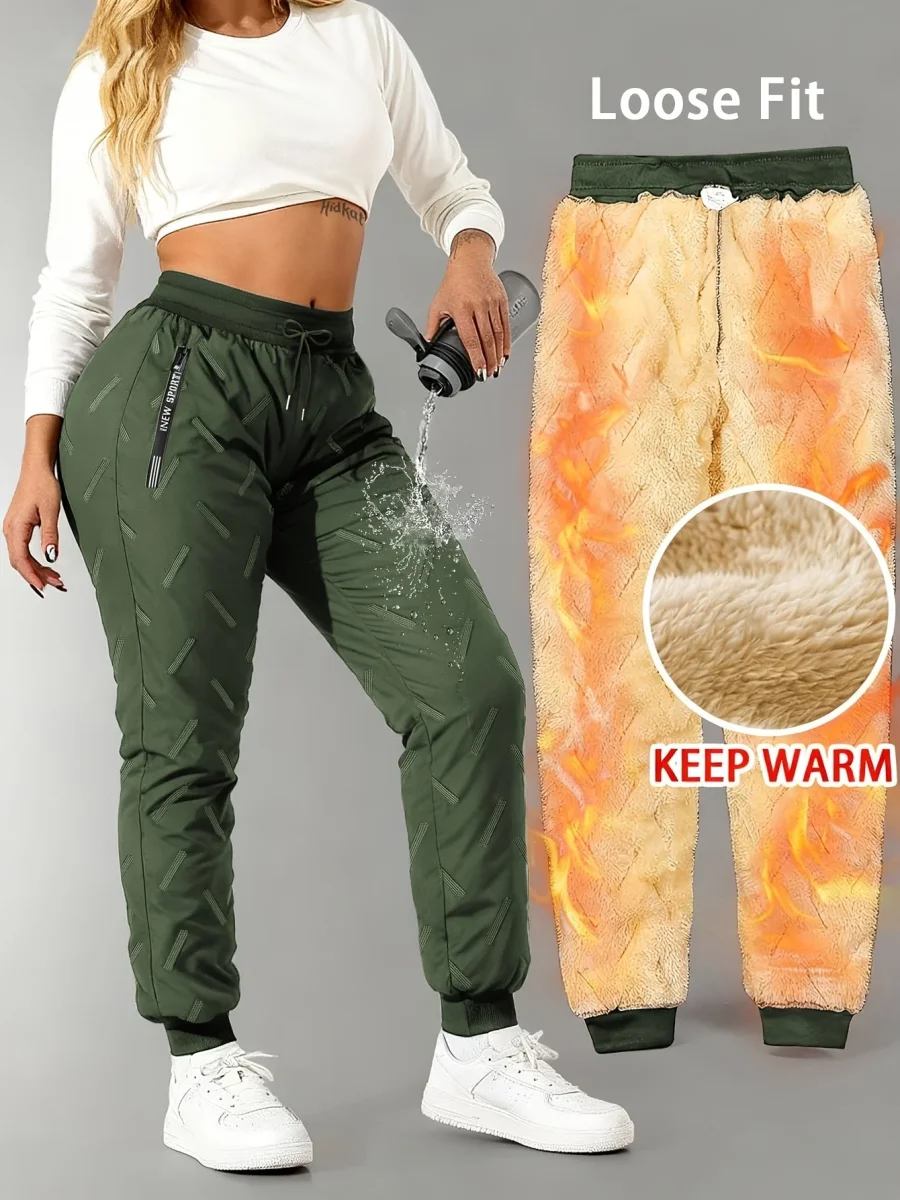 Pantalon de jogging femme doublé polaire chaud à taille élastique - Imagen 8