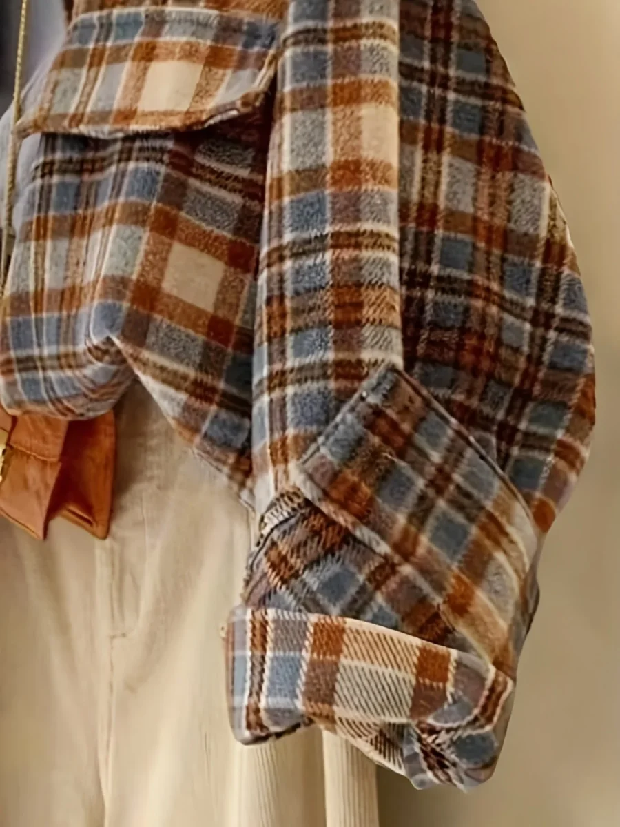 Surchemise à carreaux oversize Femme marron beige bleue décontractée - Imagen 6