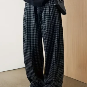 Pantalon large à carreaux Vichy noir et gris avec taille élastique et cordon