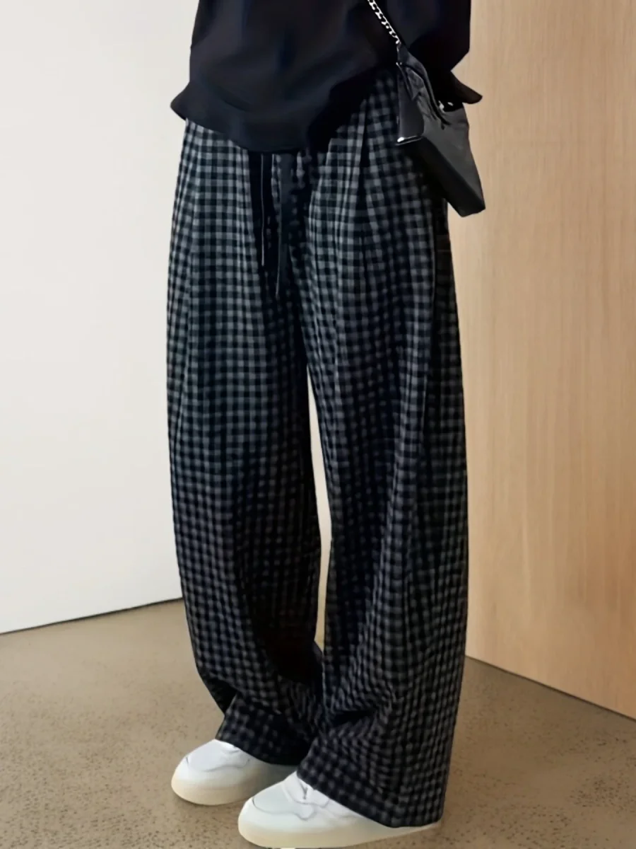 Pantalon large à carreaux Vichy noir et gris avec taille élastique et cordon - Imagen 2