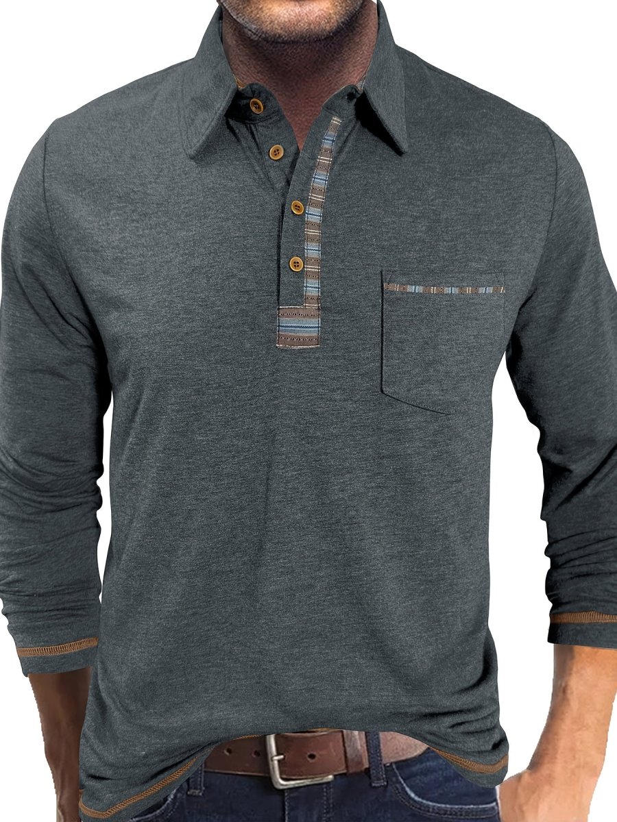 Polo Homme Manches Longues Détails Ethniques Boutons Beige - Imagen 6