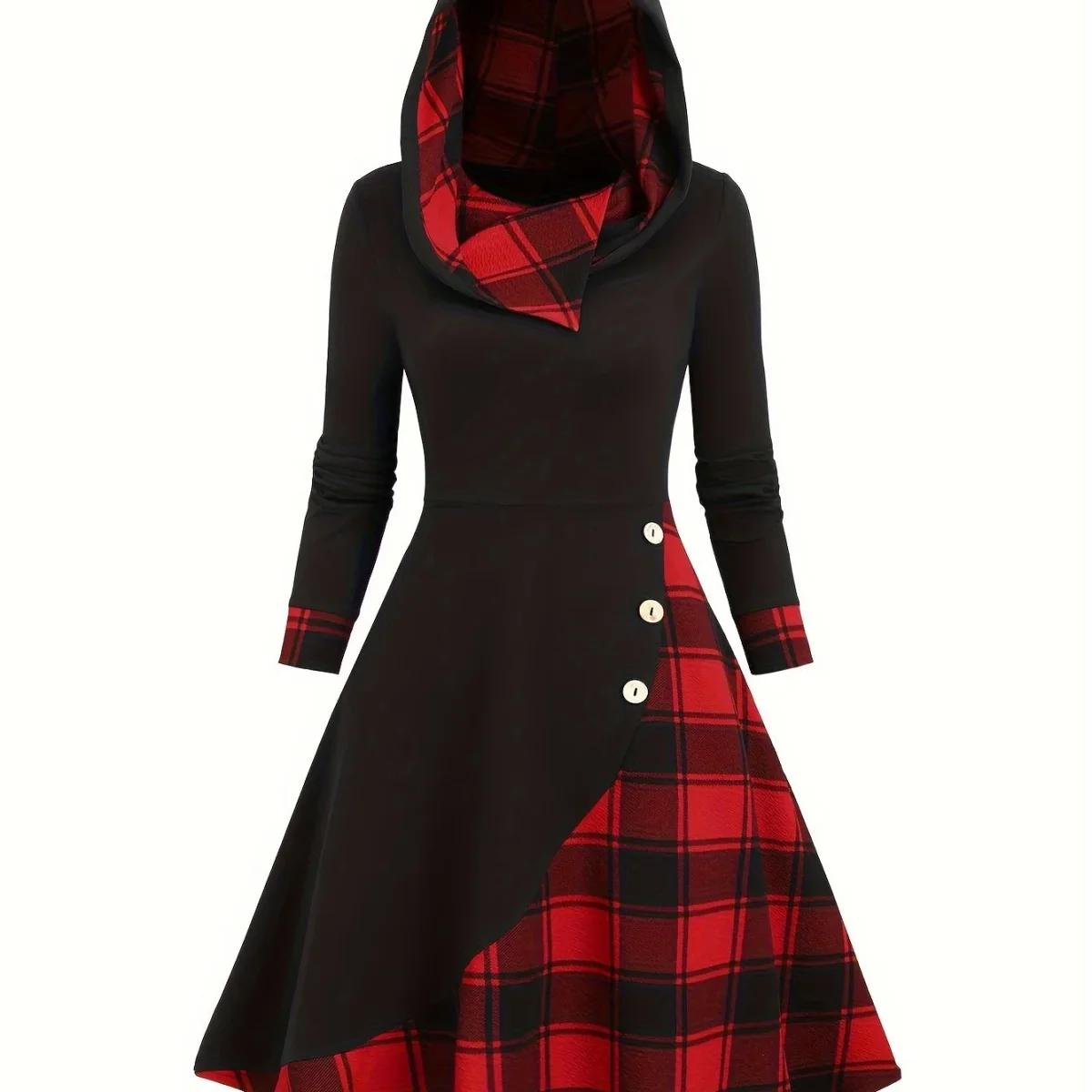 Robe à capuche femme asymétrique noire et à carreaux bicolores avec boutons décoratifs - Imagen 9