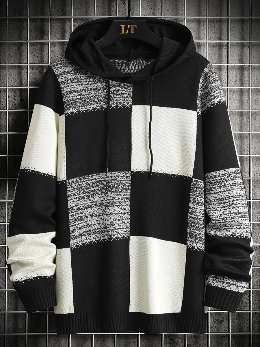 Sweat à Capuche Homme Motif Carreaux Bicolore Maille Décontracté - Imagen 3
