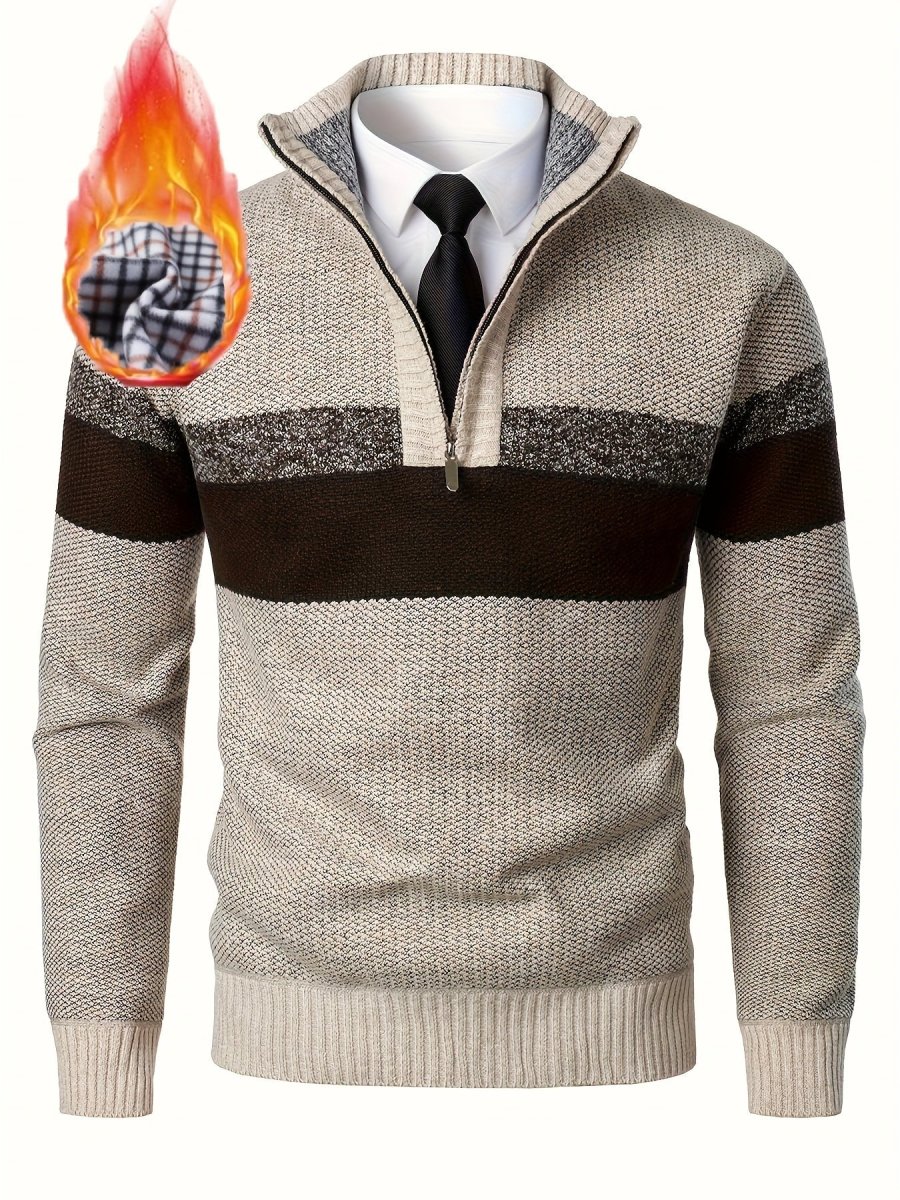 Pull homme tricoté à rayures, col montant zippé, doublure polaire beige et marron - Imagen 2