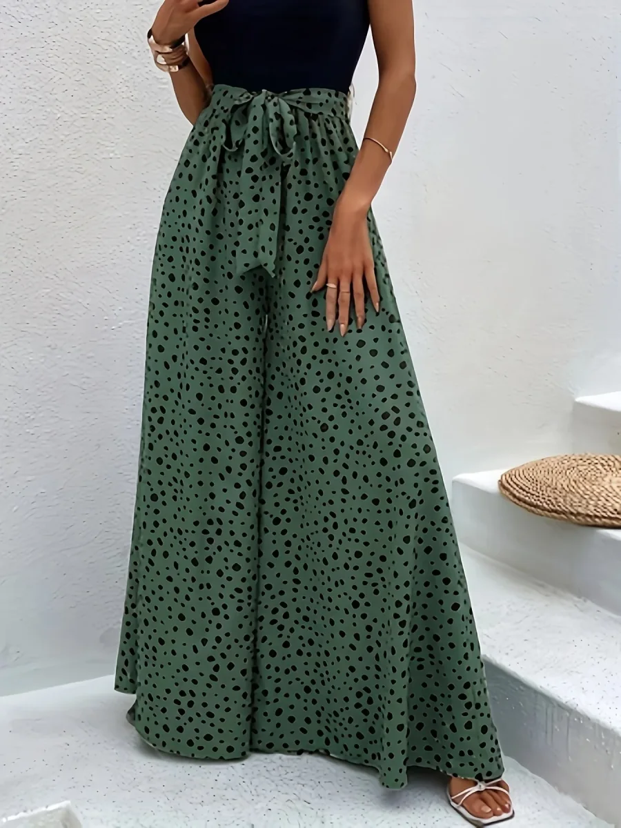 Pantalon large à pois femme style élégant pour printemps/été avec ceinture nouée - Imagen 5