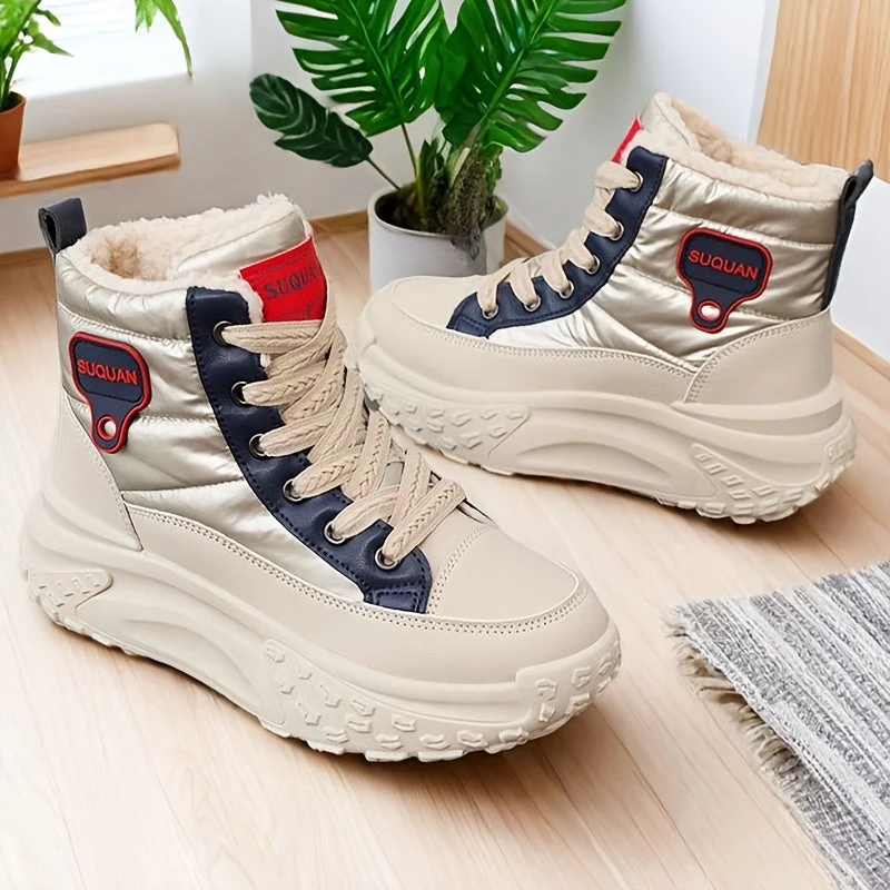 Bottes montantes femme fourrées crème brillantes lacets semelle épaisse - Imagen 5