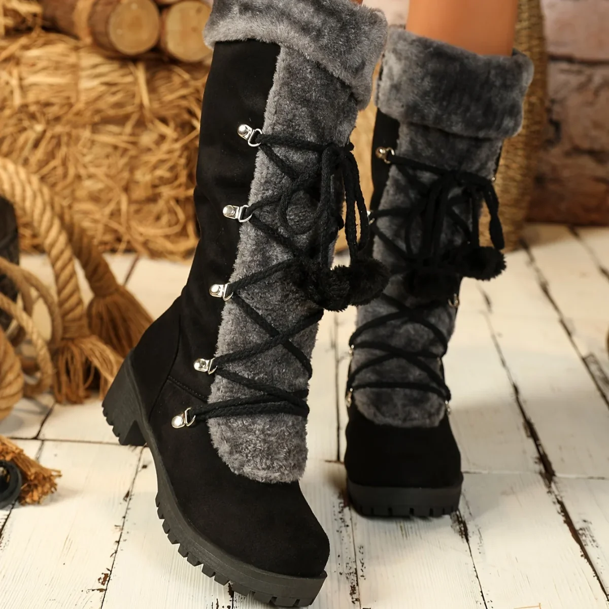 Bottes Femme Noires Mi-Mollet Effet Daim avec Doublure Fourrure Grise et Lacets Décoratifs - Imagen 8