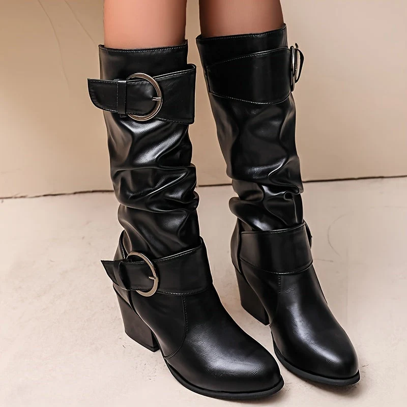 Bottes Femme mi-mollet plissées avec boucles décoratives et talon épais - Imagen 7