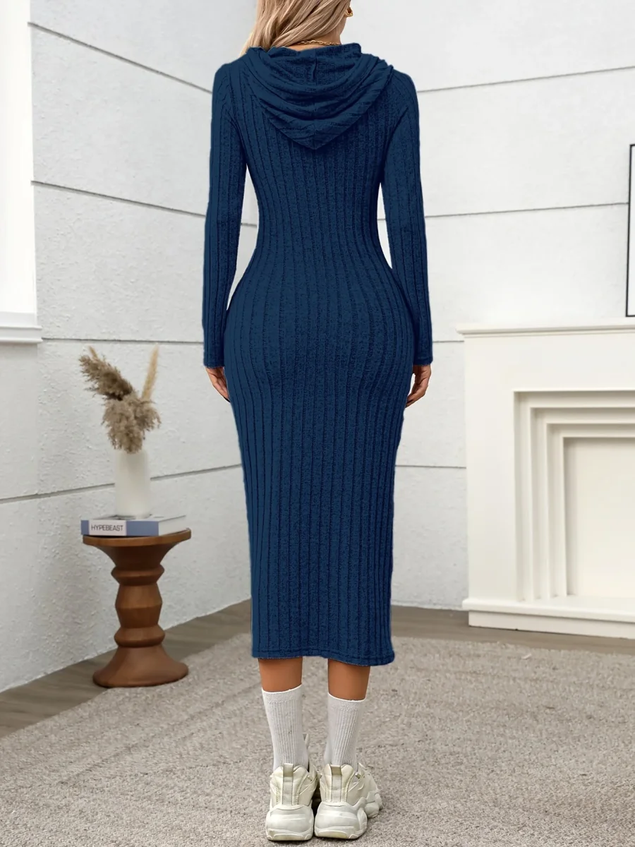 Robe longue côtelée à capuche Femme, manches longues, ajustée - Imagen 9