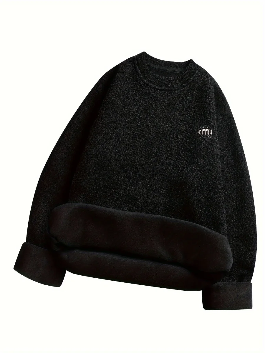 Sweat-shirt polaire homme à col rond, doublure chaude et côtelée, pull uni décontracté - Imagen 7