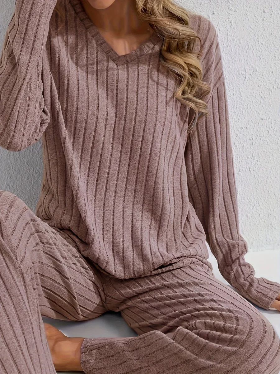 Ensemble détente côtelé Femme col V, pantalon large et haut manches longues - Imagen 5