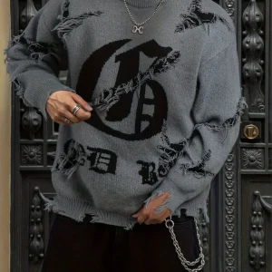 Pull homme gris déchiré oversize avec motif graphique