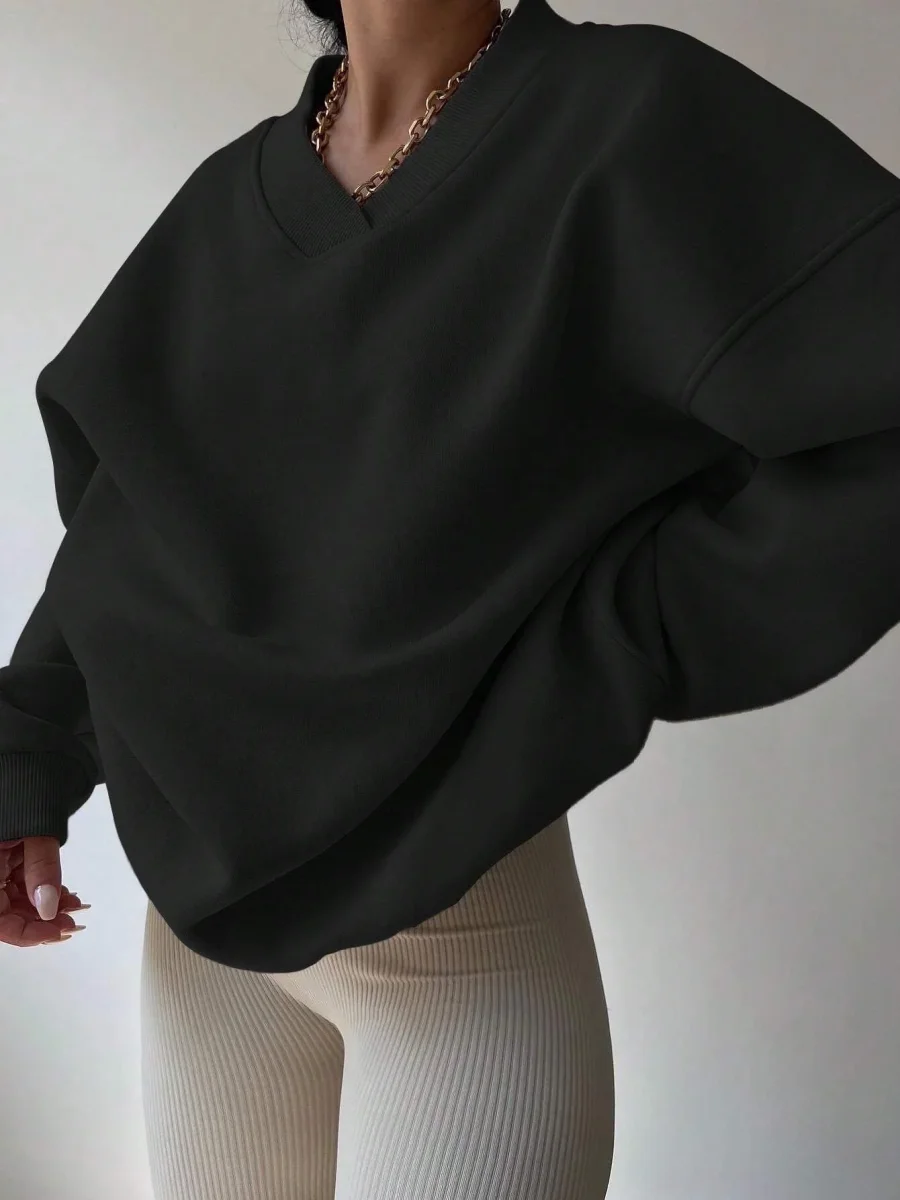 Pull col V femme noir décontracté manches longues - Imagen 6