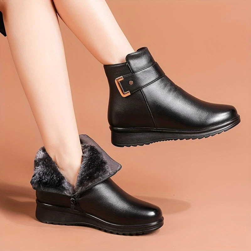Bottines Femme doublées Chaudes Marron avec Sangle et Boucle Dorée - Imagen 7
