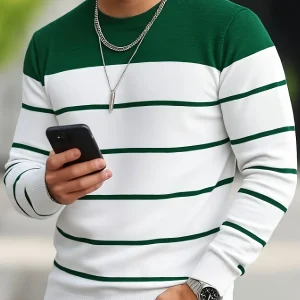 Pull Homme à Col Rond Rayé Vert Blanc Manches Longues Décontracté