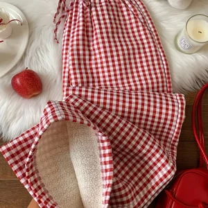 Pantalon de pyjama Doux Vichy Carreaux Rouges et Blancs Doublé Polaire pour Femme