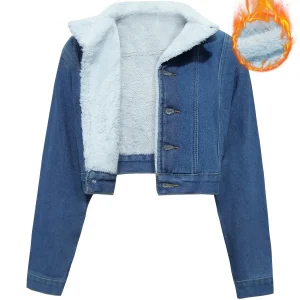 Veste courte en denim bleu avec doublure douce pour femme
