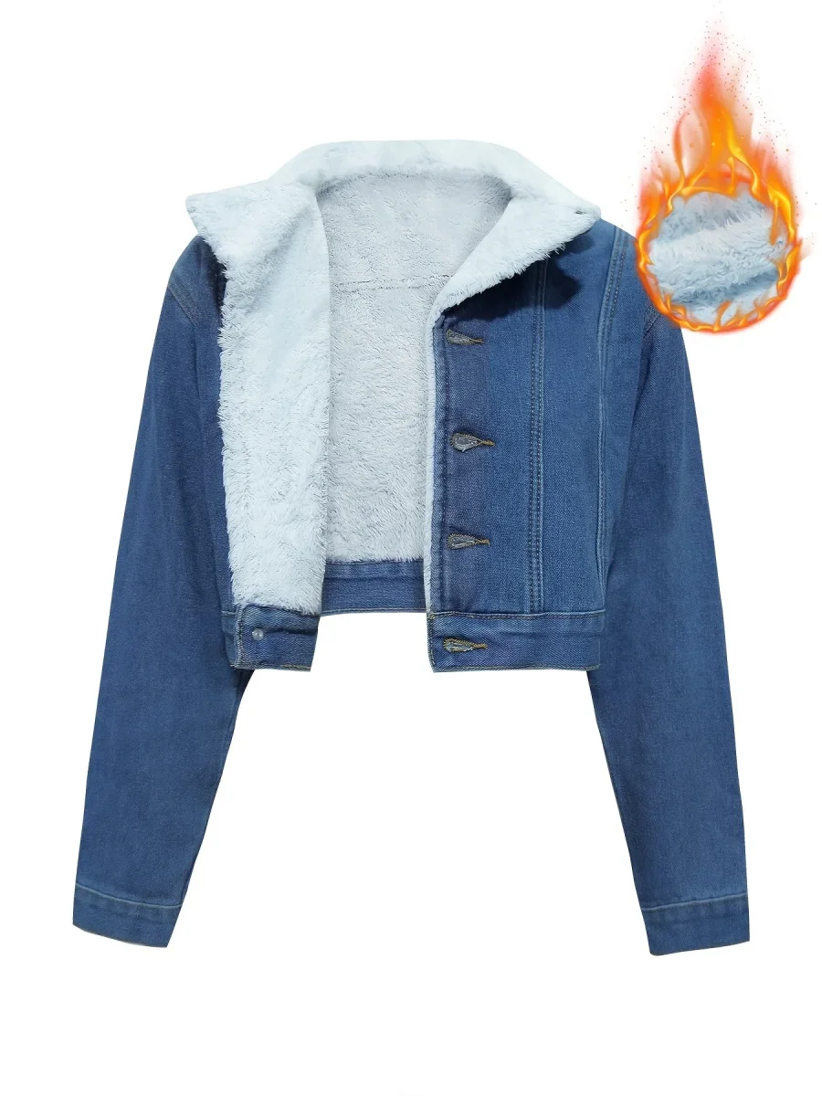 Veste courte en denim bleu avec doublure douce pour femme - Imagen 2