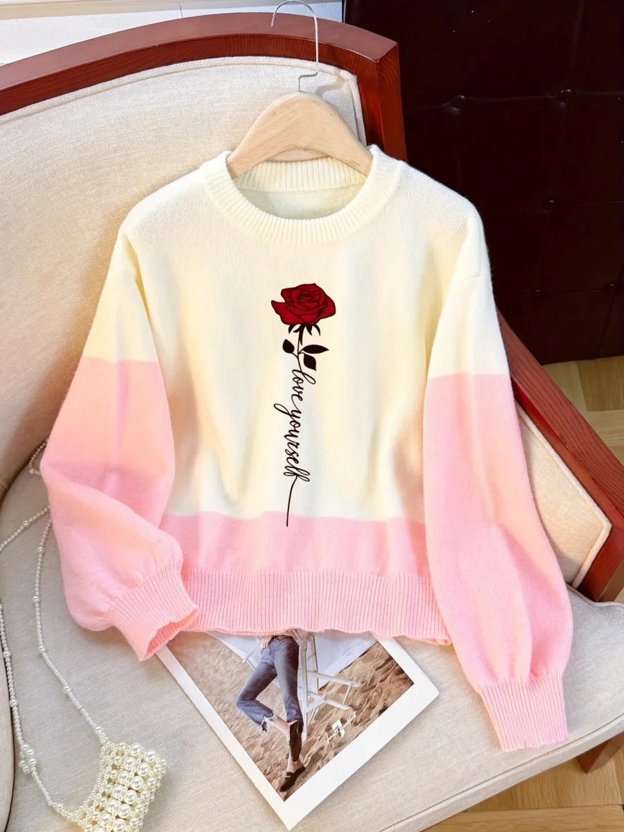 Sweat-shirt bicolore blanc rose imprimé rose rouge et texte col rond - Imagen 4