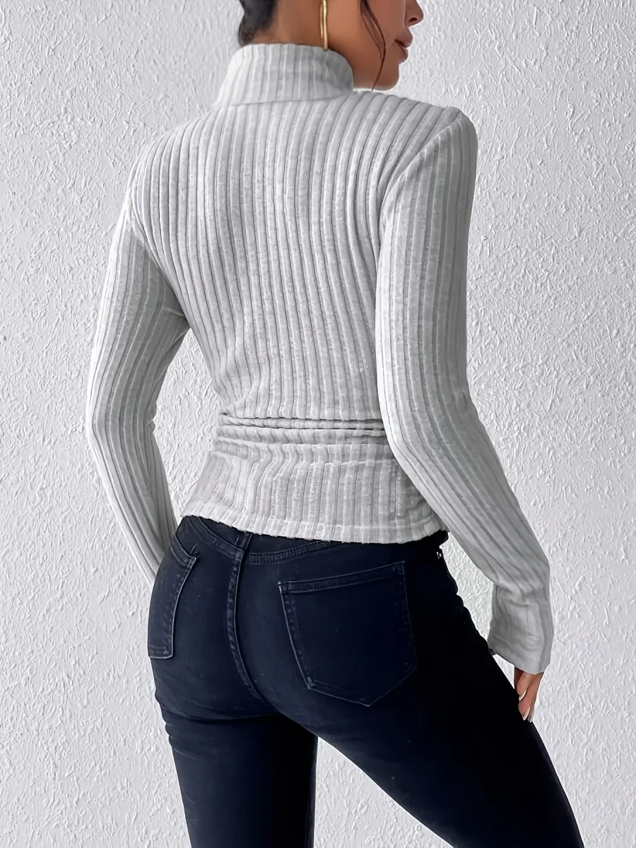 Haut côtelé à col montant pour femme, manches longues, ajusté, vert kaki, gris clair et beige - Imagen 5