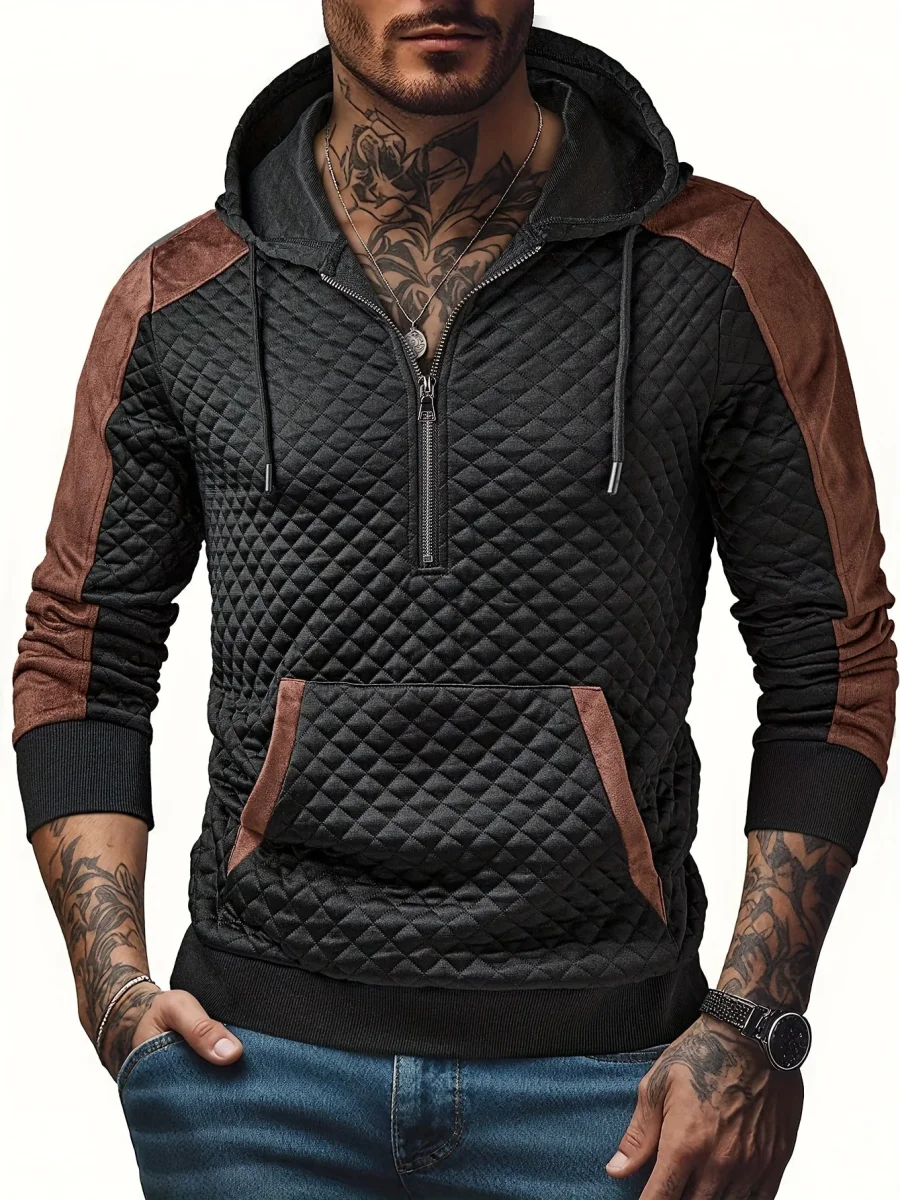 Sweat à Capuche Homme matelassé Noir Marron à Demi-Zip - Imagen 9