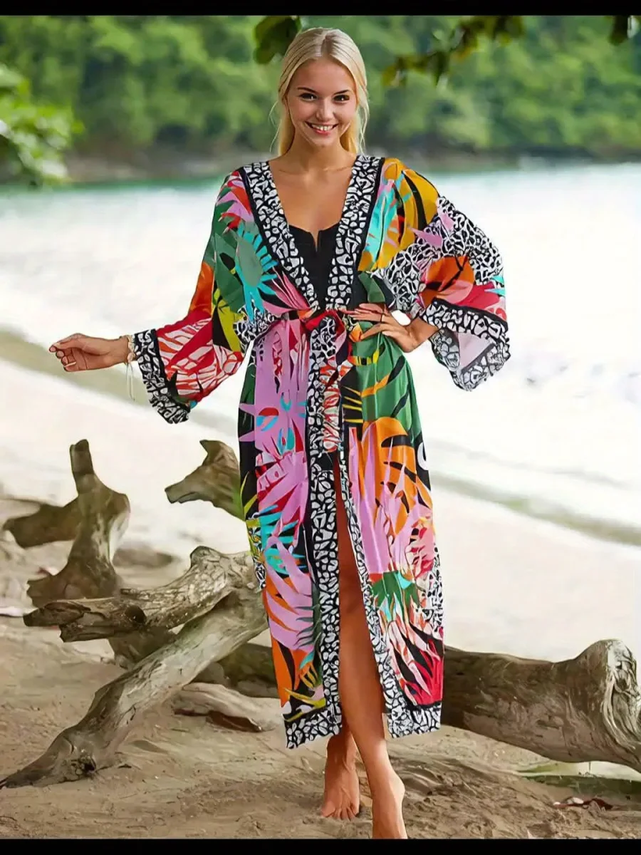 Kimono Long de Plage pour Femme Style Tropical Graphique et Animalier - Idéal Vacances et Bord de Mer - Imagen 7