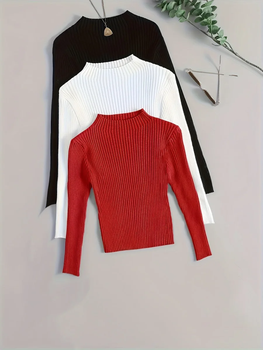 Pull côtelé à col montant pour femme, manches longues - Imagen 7